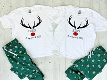 Load image into Gallery viewer, Matching family Lapland pyjamas – personalised Lapland holiday PJs designed as a cosy Christmas Lapland pyjamas set, ideal for a Lapland trip reveal outfit or family Lapland 2025 travel matching pajamas.
