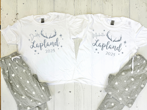 Personalised Lapland travel PJs as a family Lapland pyjama gift idea.