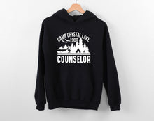 Load image into Gallery viewer, Black hoodie with &#39;Camp Crystal Lake 1984 Counselor&#39; text and graphics on a white background
Halloween Sweatshirt, Jason Voorshees Camp Crystal Lake Friday 13th Horror Movie Knife Hoodie&nbsp;Sweater Jumper, Halloween Costume