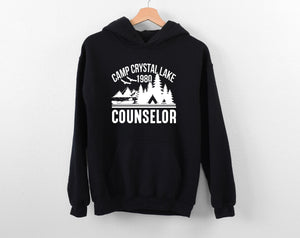 Black hoodie with 'Camp Crystal Lake 1984 Counselor' text and graphics on a white background
Halloween Sweatshirt, Jason Voorshees Camp Crystal Lake Friday 13th Horror Movie Knife Hoodie&nbsp;Sweater Jumper, Halloween Costume
