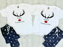 Load image into Gallery viewer, Matching family Lapland pyjamas – a personalised Lapland holiday PJs set, perfect as a cosy Christmas Lapland pyjamas gift, Lapland trip reveal outfit, or family Lapland 2025 travel matching pajamas.
