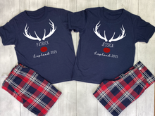 Load image into Gallery viewer, Matching family Lapland pyjamas – personalised Lapland holiday PJs perfect as cosy Christmas Lapland pajamas, Lapland trip reveal matching outfits, or a family Lapland pyjama gift idea. These personalised Lapland travel PJs are ideal for festive photos and Lapland holiday matching pyjamas sets.
