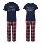 Funny couples Christmas pyjamas with matching "You Scumbag" and "You Maggot" festive slogan designs.