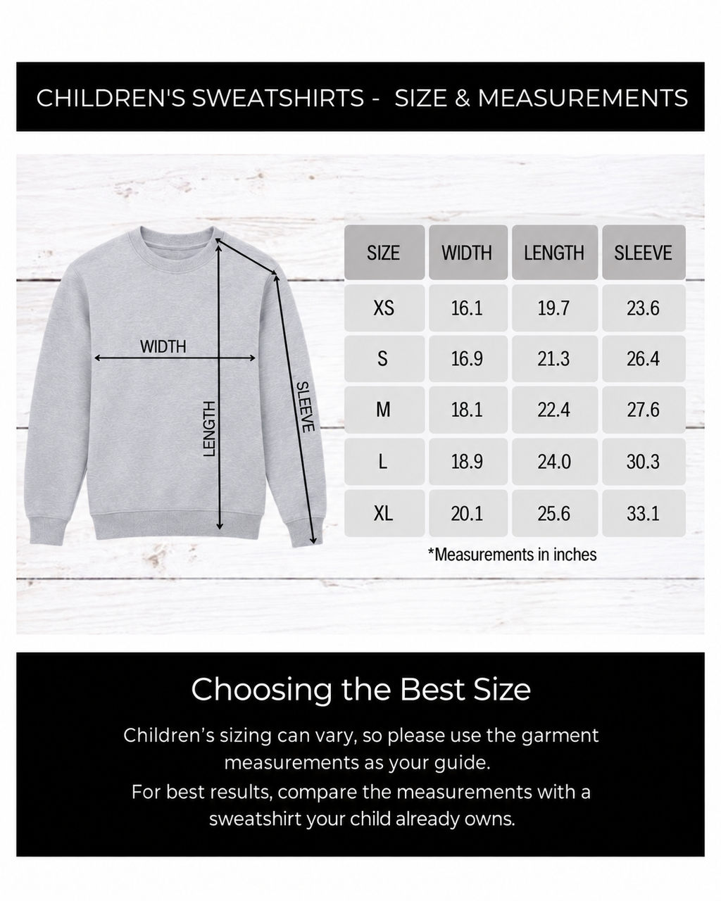 Festable adult unisex sweatshirt size guide, S–3XL, showing width, length and sleeve measurements in inches, with approximate UK women’s size conversions.