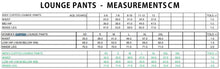 Load image into Gallery viewer, Measurement chart for lounge pants in centimeters by age and size.