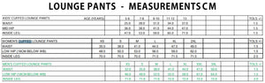 Measurement chart for lounge pants in centimeters by age and size.