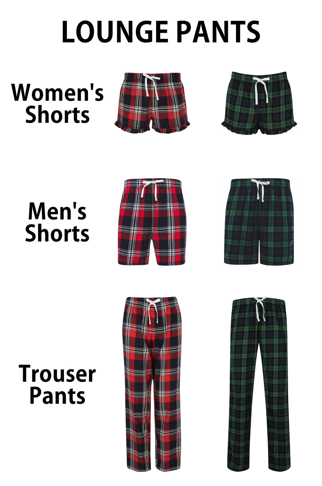 Matching Christmas Pyjama Bottoms Lounge Pants, Red Tartan Pjs, Long Trouser Leg Pajamas, Men Women and Kids