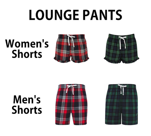 Matching Christmas Pyjama Bottoms Lounge Pants For Adults, Shorts Leg Pajamas in Red or Green Tartan