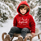 Child wearing a red Off to Find Santa Lapland hoodie