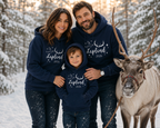 Family wearing matching navy Off to Find Santa Lapland hoodies