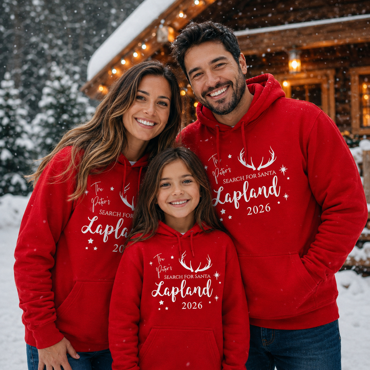A family of three wearing matching red hoodies with white holiday text and antler graphics, standing in the snow in front of a warmly lit cabin.