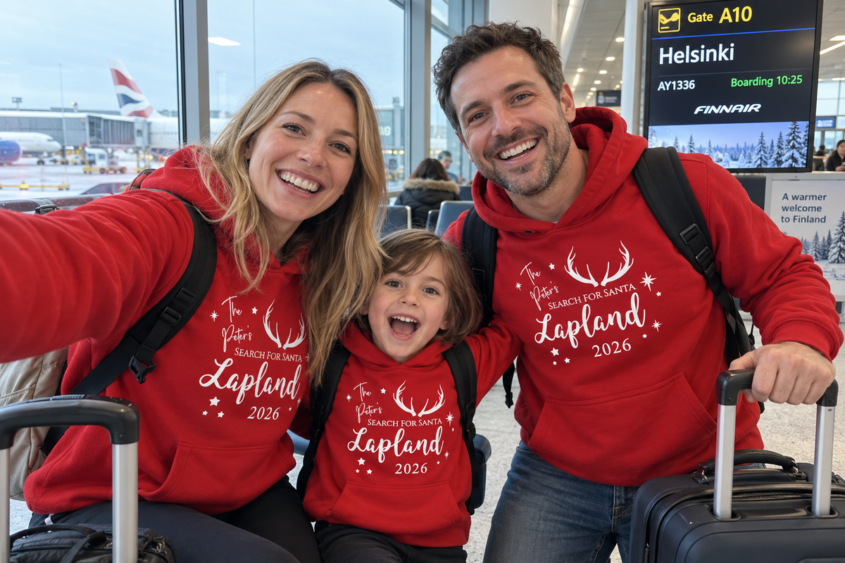 Family of three wearing matching red Search for Santa hoodies at the airport