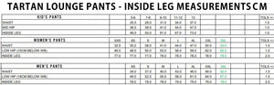 Chart displaying inside leg measurements for tartan lounge pants in centimeters.