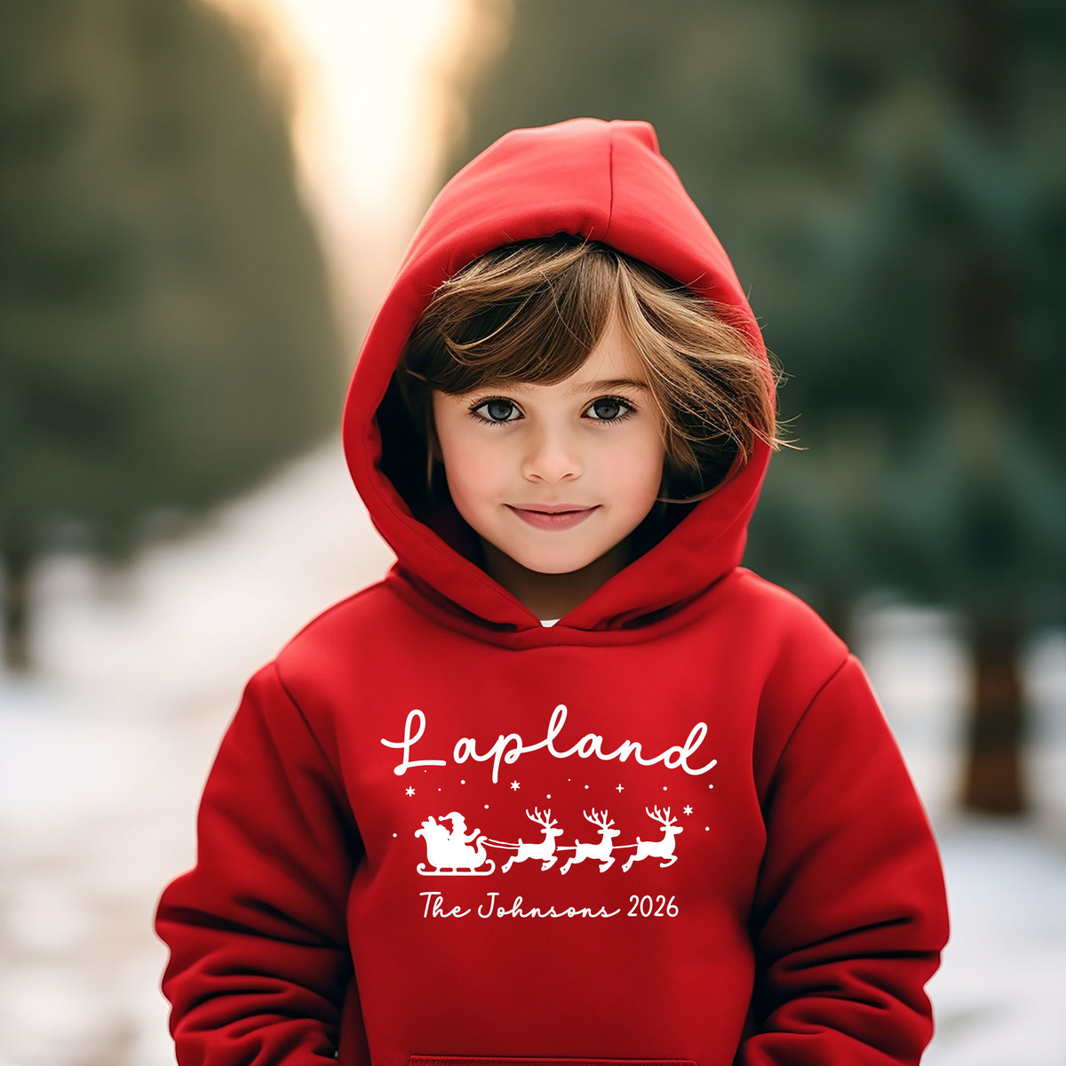Child wearing a red personalised Lapland hoodie with Santa and reindeer