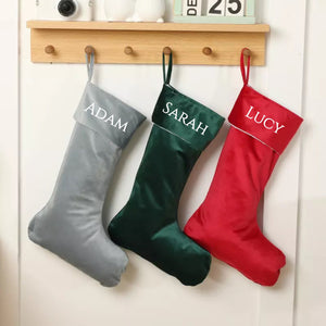 Luxury Personalised Velvet Stocking, Personalised Christmas Stocking, Pink Cream Red Green Grey Velvet Christmas Stocking, Hanging Stockings