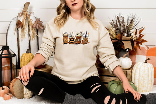 Skeleton Coffee Cups Sweatshirt, Halloween Coffee Sweater, Nightmare Latte Hoodie,Variety of colours, Unisex Sizes & Styles incl T-Shirt Tee