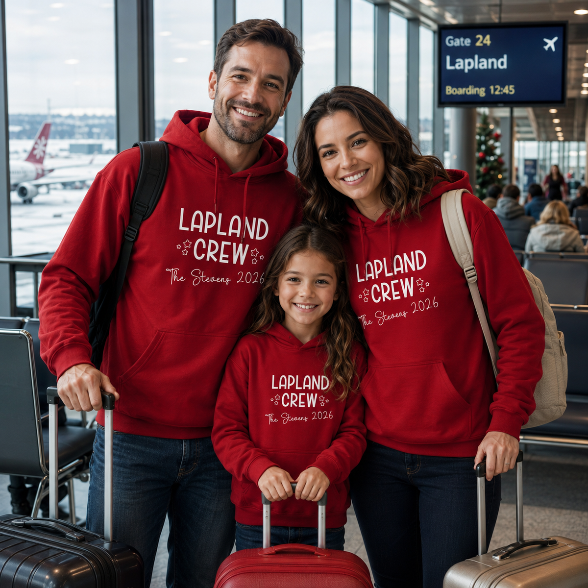 Family wearing matching personalised Lapland Crew 2026 hoodies